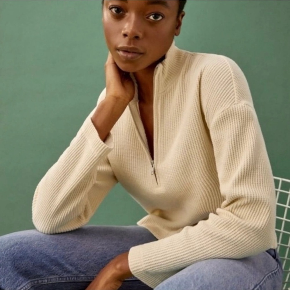Reformation Yale Waffle Knit Quarter Zip Top Cream Ivory Pullover Oversized XS